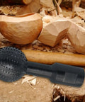 Top Tier Sphere Rotary Burr Angle Grinder Attachment 10mm Plus 14mm Ball Gouge Wood Carving Tool on wood shavings background.