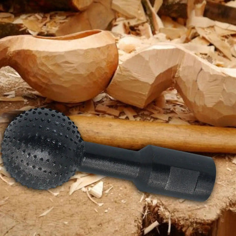 Top Tier Sphere Rotary Burr Angle Grinder Attachment 10mm Plus 14mm Ball Gouge Wood Carving Tool on wood shavings background.