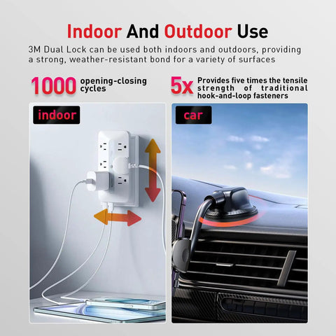 Indoor and outdoor use of Heavy Duty Reclosable Fastener 1 Inch By 3 Inches Black Dual Lock SJ3550 on a power outlet and car.