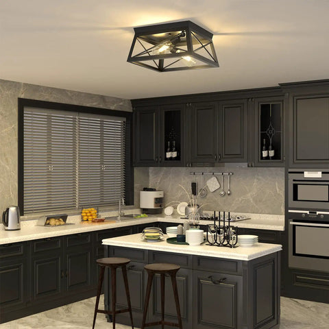 Industrial Ceiling Light Fixture 2 Light Farmhouse Semi Flush Mount Black Metal Cage With Faux Wood Finish in modern kitchen.