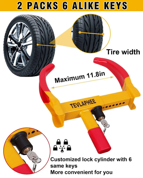 Heavy Duty Wheel Lock Set For Trailers And Cars, Adjustable Anti Theft Wheel Lock With Copper Cylinder, 2 Pack, six identical keys