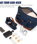 Cosbarn 5-piece navy luggage set with brown trim; hard-shell ABS case, TSA lock, includes toiletry bag.
