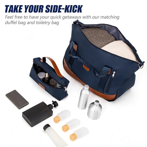 Cosbarn 5-piece navy luggage set with brown trim; hard-shell ABS case, TSA lock, includes toiletry bag.
