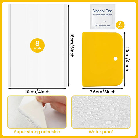 RV Roof Patch Kit With 8 White 4x6 Inch Patches 8 Alcohol Wipes And A Yellow Scraper For Stopping Camper Roof Leaks Weatherproof Waterproof Sealant Tapes For Campers Trailers And Boats image showing tools and dimensions
