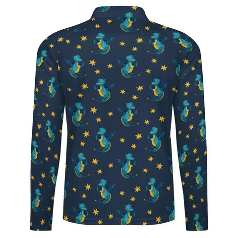 Back view of Mens Little Dragon Star Long Sleeve Fishing Shirt With One Quarter Zip Chin Guard Sun Protection Stand Up Collar