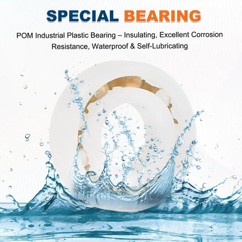 8 Pack POM Plastic Bearings 5 x 11 x 3 mm Deep Groove Ball Bearings With Glass Balls And Nylon Cage showcased with water splash