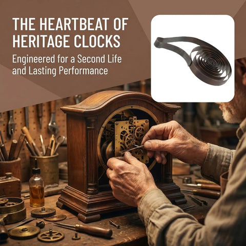 Vintage Wind Up Clock Mainspring Repair Kit used to restore intricate inner workings of classic timepiece on wooden desk
