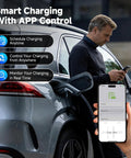 Man using phone app to control Level 2 Portable EV Charger With 32A 7.68kW Output 25Ft Cable Plug And Play App Control