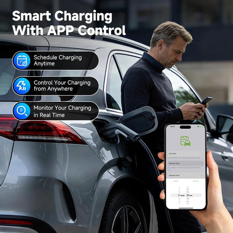 Man using phone app to control Level 2 Portable EV Charger With 32A 7.68kW Output 25Ft Cable Plug And Play App Control
