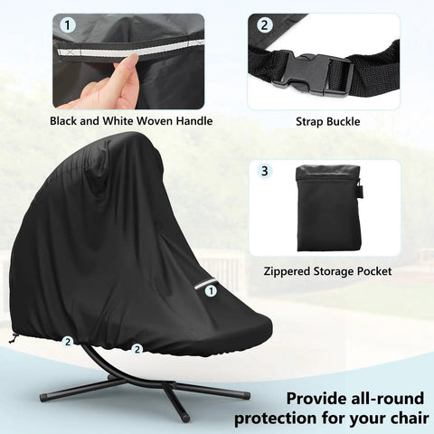 Heavy Duty 73 Inch Waterproof Patio Hanging Chaise Lounge Cover With Handle Bombproof Durable 600D UV Protected All Weather Outdoor Hammock Chair Swing Protector Black with black and white woven handle, strap buckle, and zippered storage pocket.