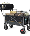 Push And Pull Collapsible Shopping Cart With Wheels And Brakes Foldable Grocery Wagon With Built In Basket Side Pockets And Cup Holders Beach And Camping Utility Rolling Cart Black loaded with supplies.