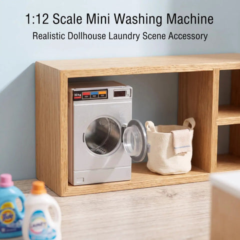 Dead On Realistic 1:12 Scale Mini Drum Washing Machine For Dollhouse Kitchen Setup in wooden shelf with laundry basket.