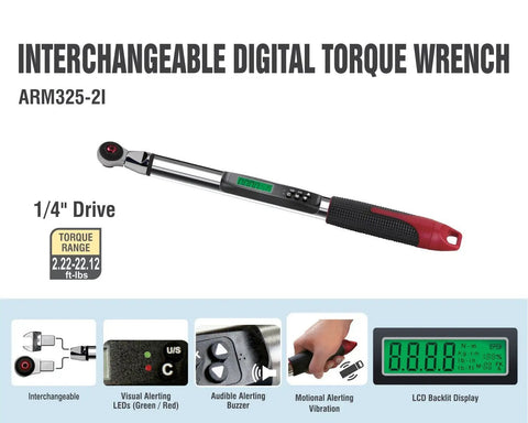 Pro Grade Heavy Duty Quarter Inch Digital Torque Wrench With Buzzer And LED Alerts, Interchangeable Head, ISO 6789 Certified With Calibration Certificate, Backlit LCD Shows Reached Torque, Battery Life, And Units Nm, Kg-Cm, In-Lb, Ft-Lb, CW CCW, 1/4-inch drive wrench