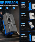 Heavy Duty Electric Stair Climbing Cart With 1500W Motor And 880LB Capacity shown moving a fridge up stairs.