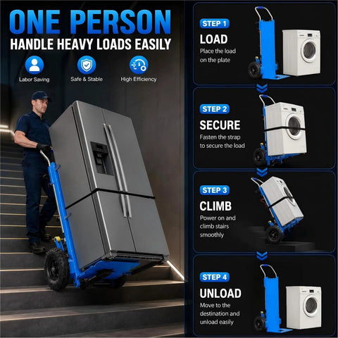 Heavy Duty Electric Stair Climbing Cart With 1500W Motor And 880LB Capacity shown moving a fridge up stairs.