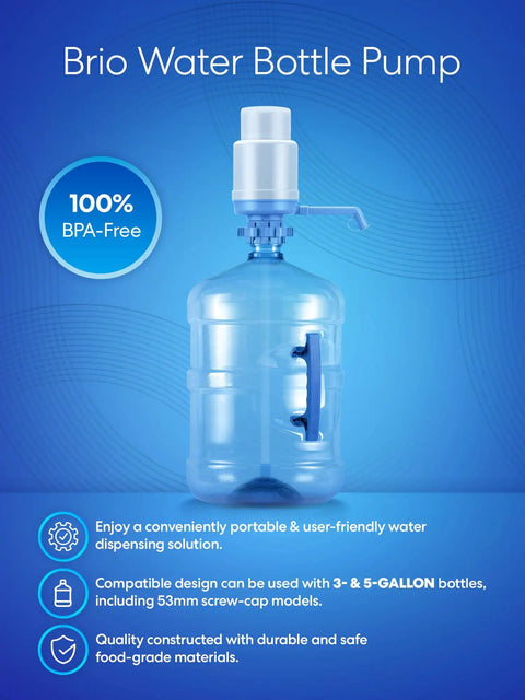 Universal Manual Drinking Water Pump For 3 To 5 Gallon Bottles With Adjustable Tubing And Durable Cylinder Case Easy To Use No Fuss Bottle Pump shown on a blue background with BPA-free label.