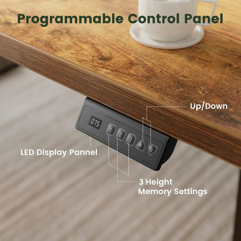 Programmable control panel on Rustic Brown 55 By 24 Inch Electric Standing Desk With Smooth Height Adjustment