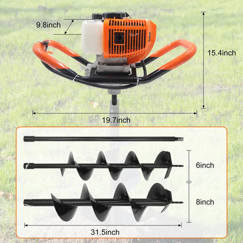 Gas Powered Post Hole Digger Auger With 62CC Engine And 2 Stroke Power Includes 6 Inch And 8 Inch Drill Bits Plus 1 Extension Rod