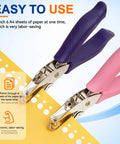Four Piece Mini Hole Punch Kit With Comfy Soft Grip Handles 1/4 And 1/8 Inch Sizes In Solid Bright Shades, purple and pink handles.