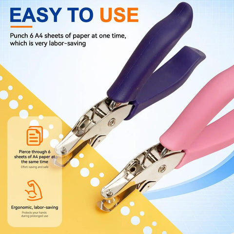 Four Piece Mini Hole Punch Kit With Comfy Soft Grip Handles 1/4 And 1/8 Inch Sizes In Solid Bright Shades, purple and pink handles.