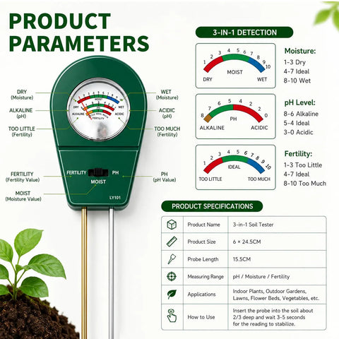 3 In 1 Soil Tester Moisture Fertility And PH Meter For Home Garden Lawn Farm Potted Plants Indoor Outdoor Use No Battery Needed 6 x 24.5 cm