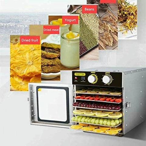 Straight Up Heavy Duty Stainless Steel Food Dehydrator Six Layer Trays filled with dried fruit and prepared snacks.
