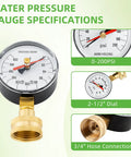 High Accuracy Zero To Two Hundred Psi Water Pressure Gauge For Home Faucets And Garden Hoses With Red Indicator DIY Friendly Two And A Half Inch Dial And Three Quarter Inch Female Thread Copper Alloy Tube Sensor For Reliable Readouts.