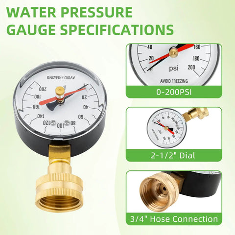 High Accuracy Zero To Two Hundred Psi Water Pressure Gauge For Home Faucets And Garden Hoses With Red Indicator DIY Friendly Two And A Half Inch Dial And Three Quarter Inch Female Thread Copper Alloy Tube Sensor For Reliable Readouts.