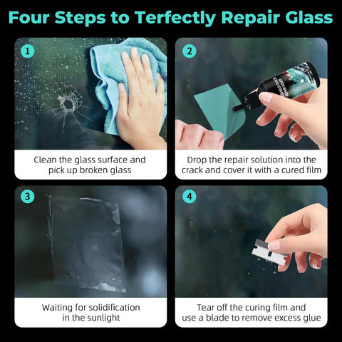 Four steps to use the All Purpose Windshield Crack Repair Kit With 5 Minute Quick Glass Liquid For Windshields And Mirrors All Crack Types 0.68 Fl Oz Upgraded 2026 Version
