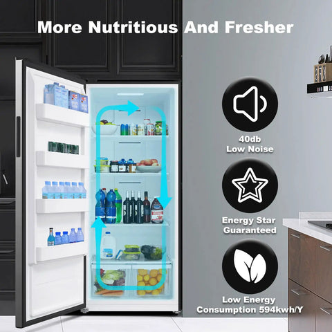 Big Boy 21 Cubic Foot Upright Freezer And Convertible Refrigerator With Glass Shelves Frost Free Setup showing interior food storage and shelving.
