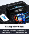 Package contents including 4S 6500mAh 80C RC Lipo Battery With Hard Case And EC5 Connector for RC models.
