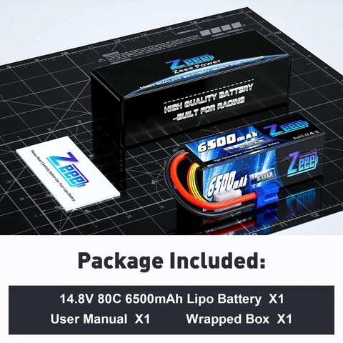 Package contents including 4S 6500mAh 80C RC Lipo Battery With Hard Case And EC5 Connector for RC models.