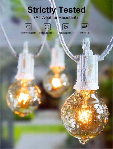 Close-up of Outdoor String Lights 25 Feet G40 Globe Bulbs With 27 Edison Glass Bulbs Plus 2 Spares, waterproof design