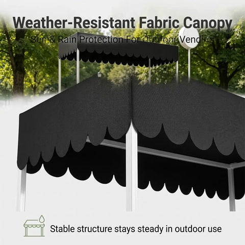 Kickass Heavy Duty Mobile Vendor Cart With Wide Shelter Canopy and Lockable Swivel Wheels Portable Black Food Display Stand close-up of weather-resistant black canopy.