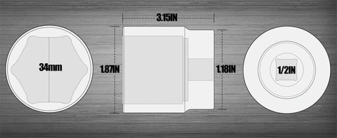 Dimensions of Half Inch Drive Impact Socket 34mm Deep 6 Point for axle nut removal, side and top views