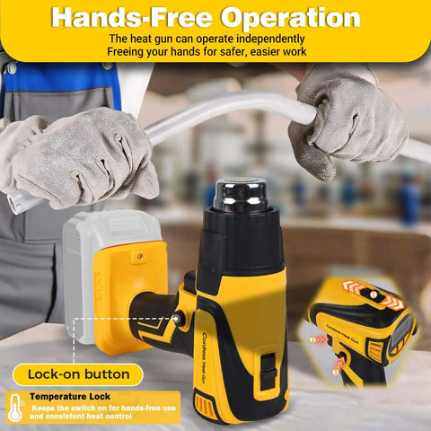 Cordless Hot Air Gun With 20V Battery Compatibility, LCD Display, 350W Power, in use for shrink tubing with lock-on button highlighted