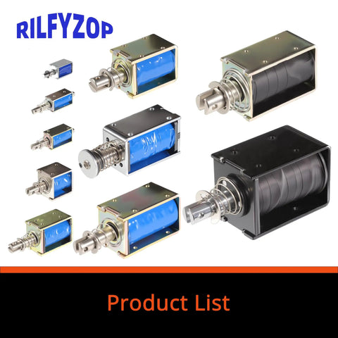 Beefed Up Industrial Grade Open Frame Linear Actuator With 12V DC Coil, 20mm Stroke, 80N Pull; features multiple units in various sizes.