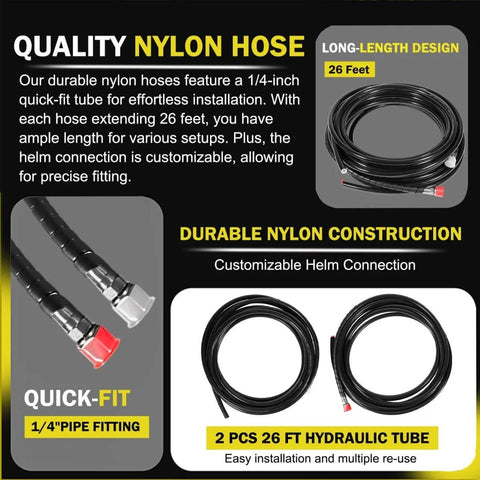 All In One 150HP Outboard Hydraulic Steering Kit With 13 Inch Plated Alloy Steering Wheel, 25 CC Helm Pump, Cylinder, And 26.8 Foot Cuttable Hoses For Yamaha, Honda, Suzuki, Mercury, Bay Boats, Pontoon quality nylon hose