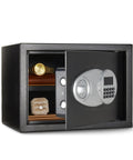 Steel Security Safe With Electronic Keypad And Emergency Override Keys, 0.5 Cubic Feet, open showing jewelry inside, black