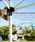 Person adjusting Pop Up Gazebo Instant Portable Canopy Tent 10x10 black frame in backyard, emphasizing gentle setup.