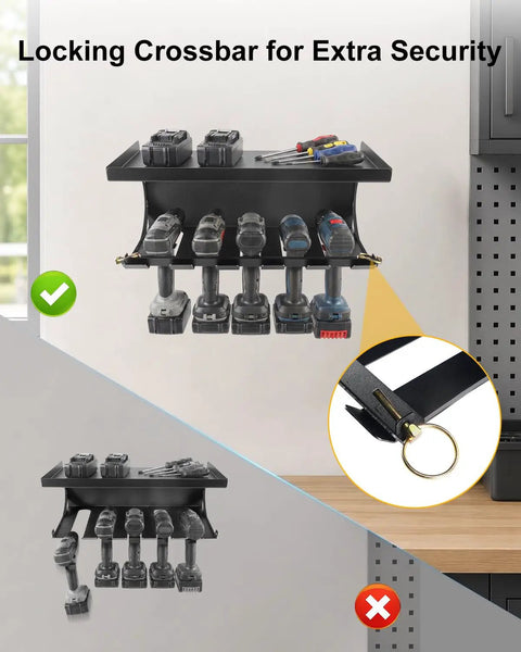 Heavy Duty Tool Organizer Wall Mount For Garage, Locking Metal Storage Rack with dedicated slots holding various tools