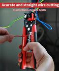 3 In 1 Auto Wire Stripping Tool With Self Adjusting Mechanism Crimping And Cutting For 10 To 24 AWG 8 Inch Universal Wire Stripper Cutter And Crimp Tool For Copper And Aluminum in use, featuring SK5 steel blades.