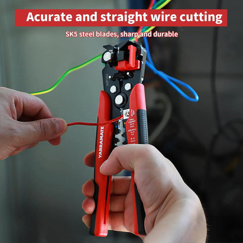 3 In 1 Auto Wire Stripping Tool With Self Adjusting Mechanism Crimping And Cutting For 10 To 24 AWG 8 Inch Universal Wire Stripper Cutter And Crimp Tool For Copper And Aluminum in use, featuring SK5 steel blades.