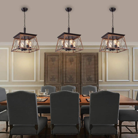Farmhouse Rustic Chandelier With Antique Geometric Industrial Design In Bronze Four Light Hanging Fixture Over Dining Room Table