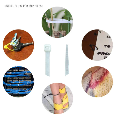 8 Inch Zip Ties Nylon Cable Ties 120 PC Set In 6 Multi Colors displayed with various uses like gardening and cable management.