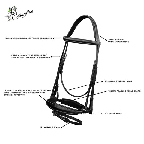 Dressage Bridle With Crank Noseband For Horses, Padded Anatomic Veg Tanned Leather Set, Mono Crown, Web Reins, Training Tack
