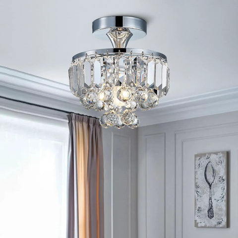 Modern Chrome Crystal Semi-Flush Mount LED Chandelier Ceiling Light For Dining Room Living Room Bedroom And Bathroom 9 Inch Diameter 10 Inch Height Crystal Tube Design Tarnish-Resistant And Durable.