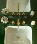 Top view of 8 Inch Brushed Gold Widespread Bathroom Faucet With 2 Handles And 3 Holes Hexagonal Design Stainless Steel Pop Up Drain Satin Gold Finish Fits 8 Inch Centers Modern 3 Hole Sink Faucet For Your Bathroom Upgrade with flowing water in a modern sink.
