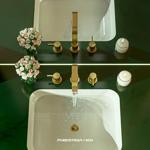 Top view of 8 Inch Brushed Gold Widespread Bathroom Faucet With 2 Handles And 3 Holes Hexagonal Design Stainless Steel Pop Up Drain Satin Gold Finish Fits 8 Inch Centers Modern 3 Hole Sink Faucet For Your Bathroom Upgrade with flowing water in a modern sink.