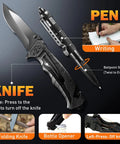 Survival Gear Kit for Men With 27 In 1 Complete Tools and Camping Accessories Tactical Outdoor Pack featuring knife and pen.